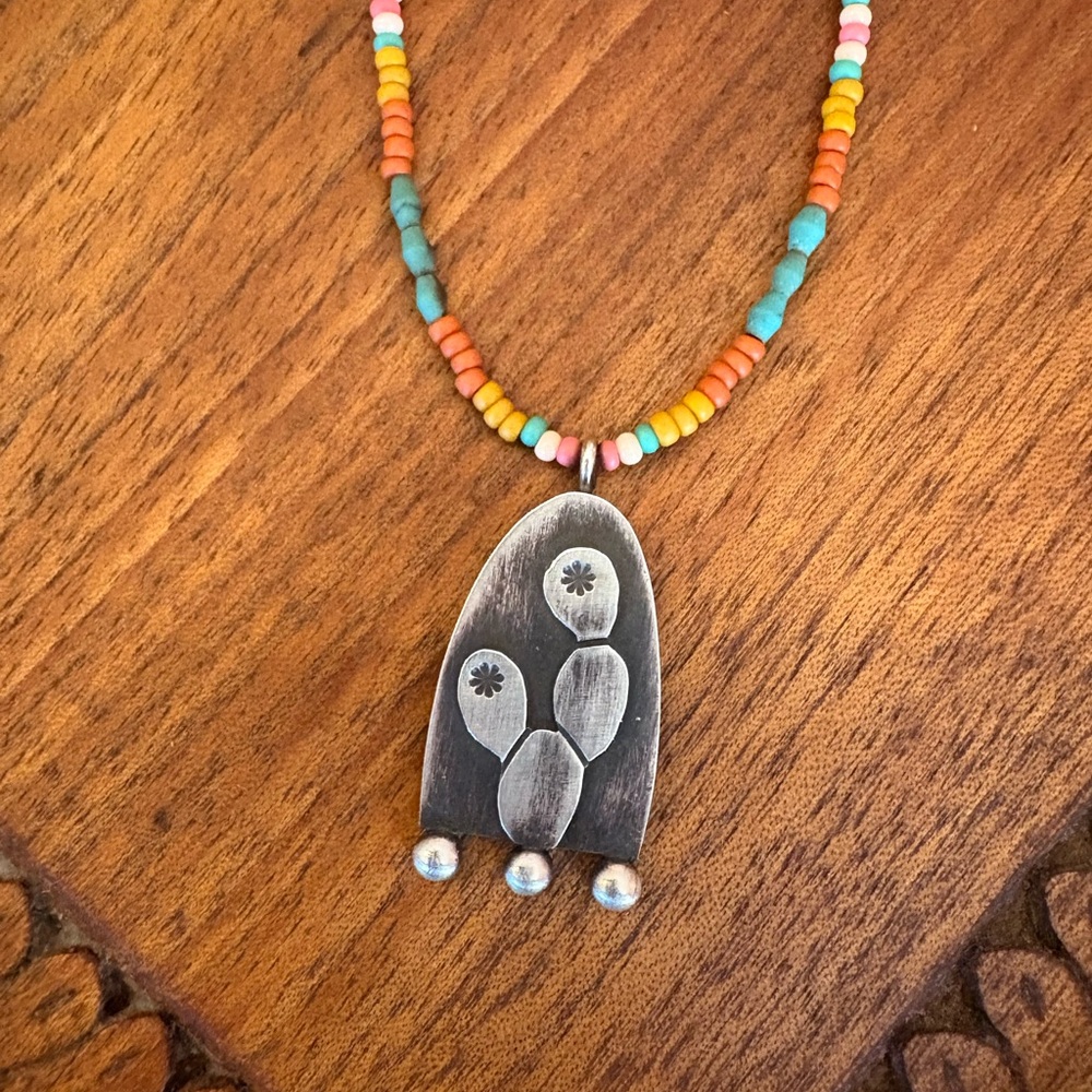 White Magnolia Sterling Silver Cactus Portal Beaded Necklace Artisan .925